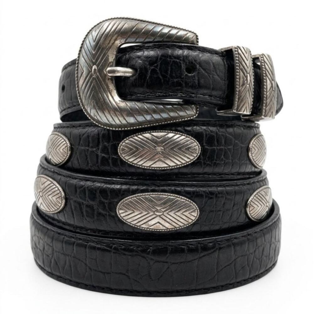 Vintage Fossil Black Leather Concho Ranger Belt Southwestern Western Boho Sz 42